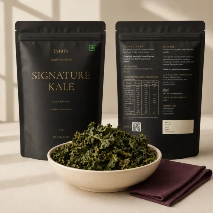 Lynn's Signature Kale Crisps with kale crisps in a bowl and product packaging