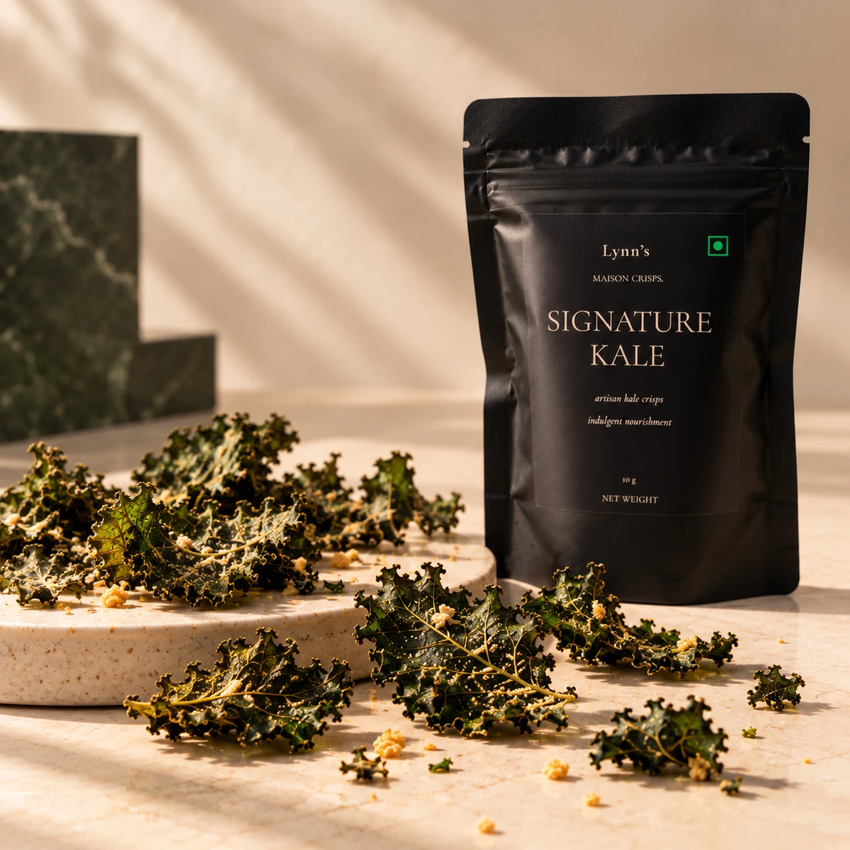 Lynn's Signature Kale Crisps pouch with whole-leaf kale crisps