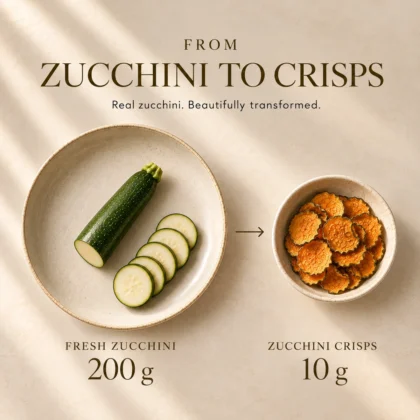 Fresh zucchini and slices beside a bowl of Signature Zucchini Crisps