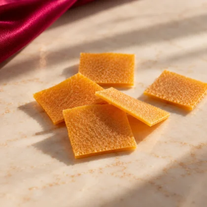 Close-up of square Les Pétales mango and jackfruit fruit petals