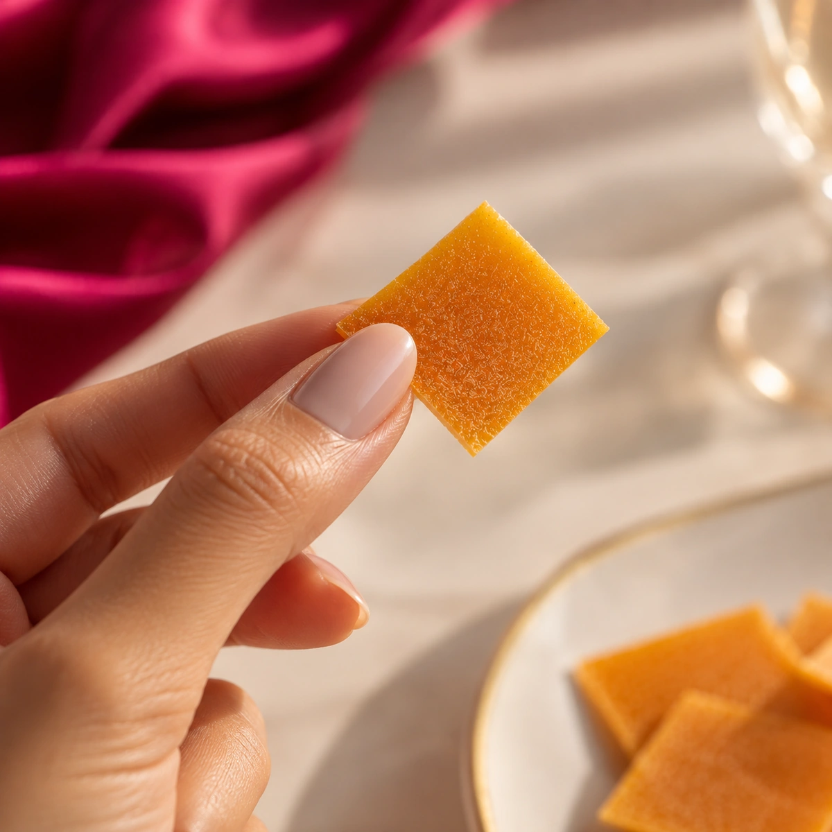 Hand holding a single Les Pétales fruit petal