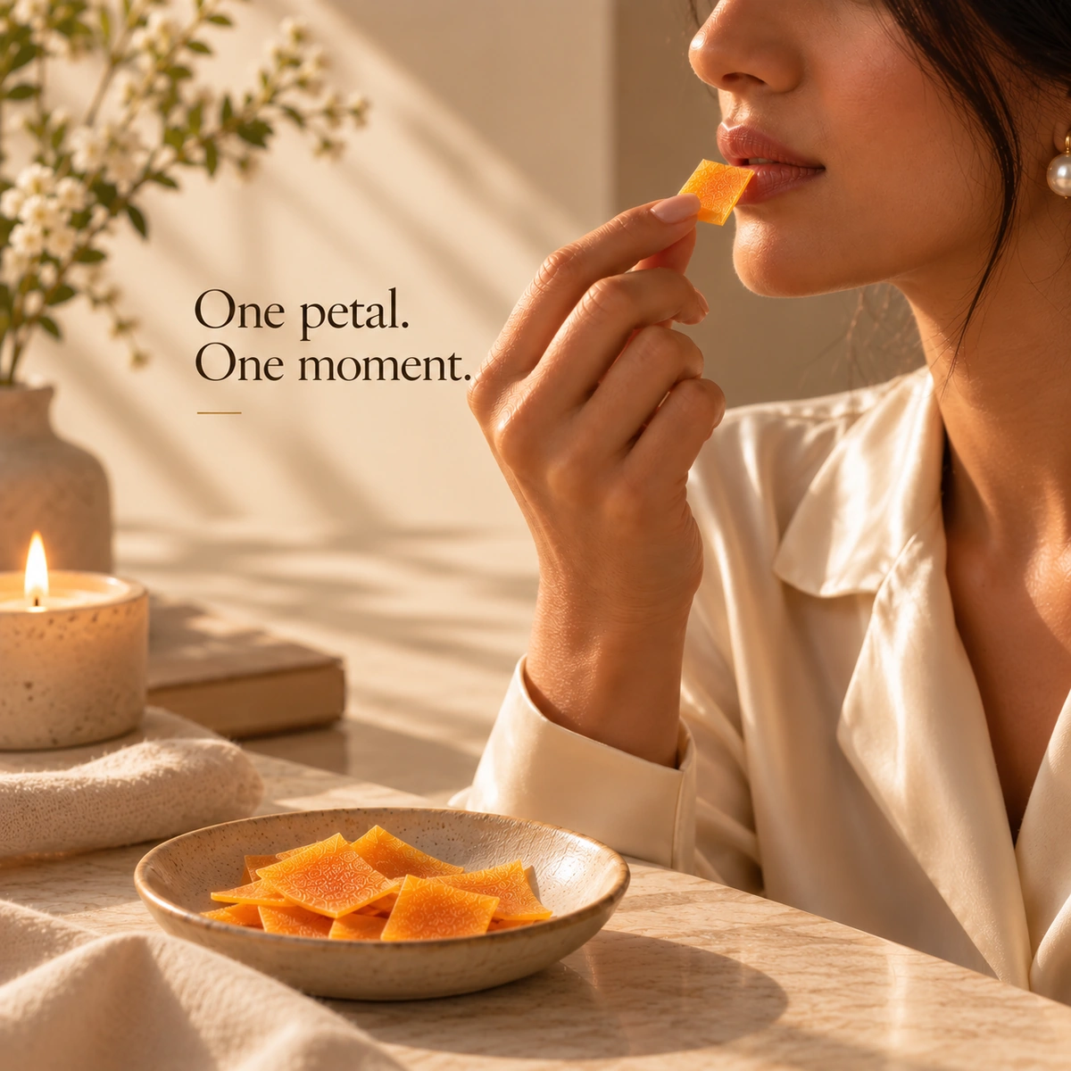 Woman tasting a single Les Pétales fruit petal